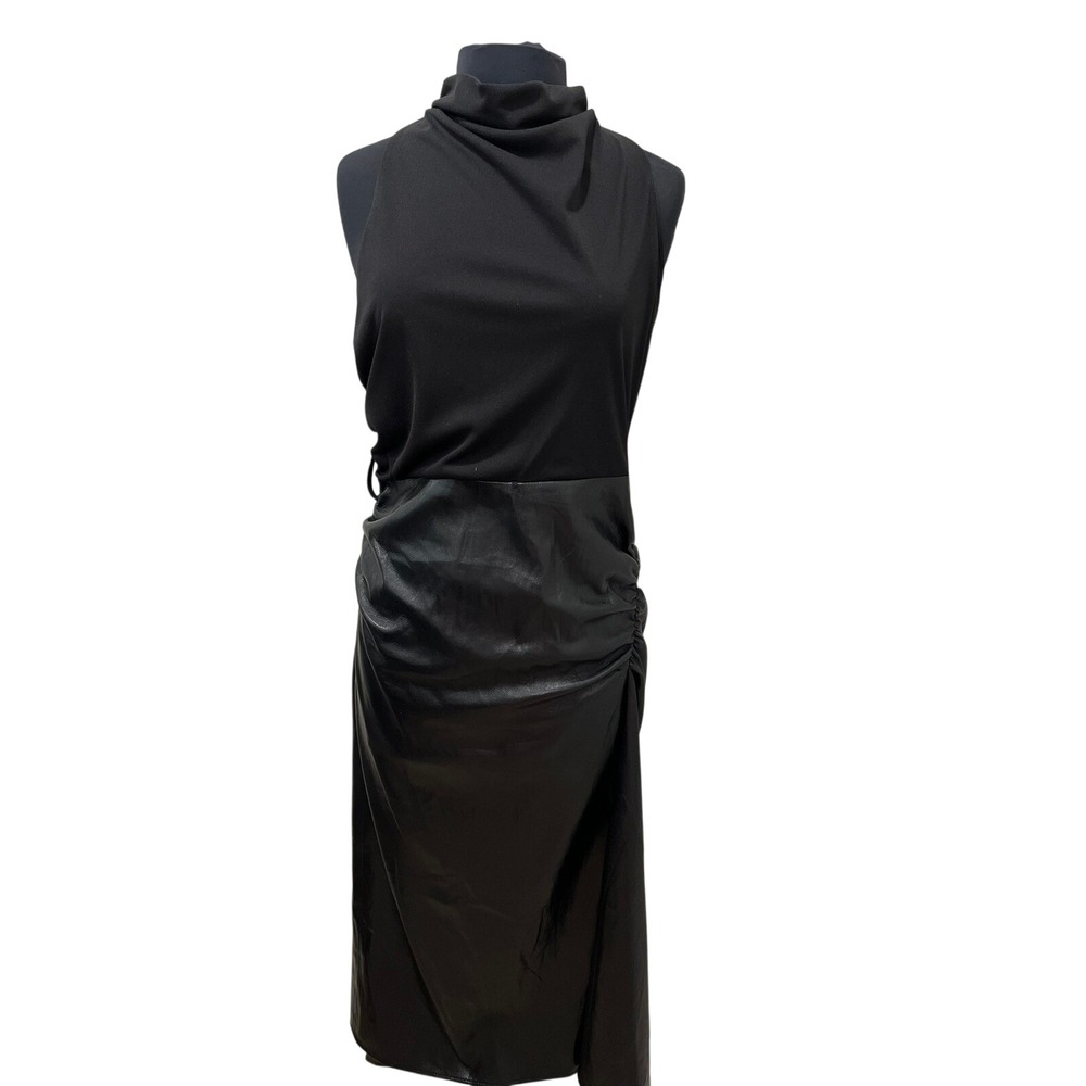 Donna Karan New York Black Mixed Media Faux Leather Ruched Midi Dress Size 10
